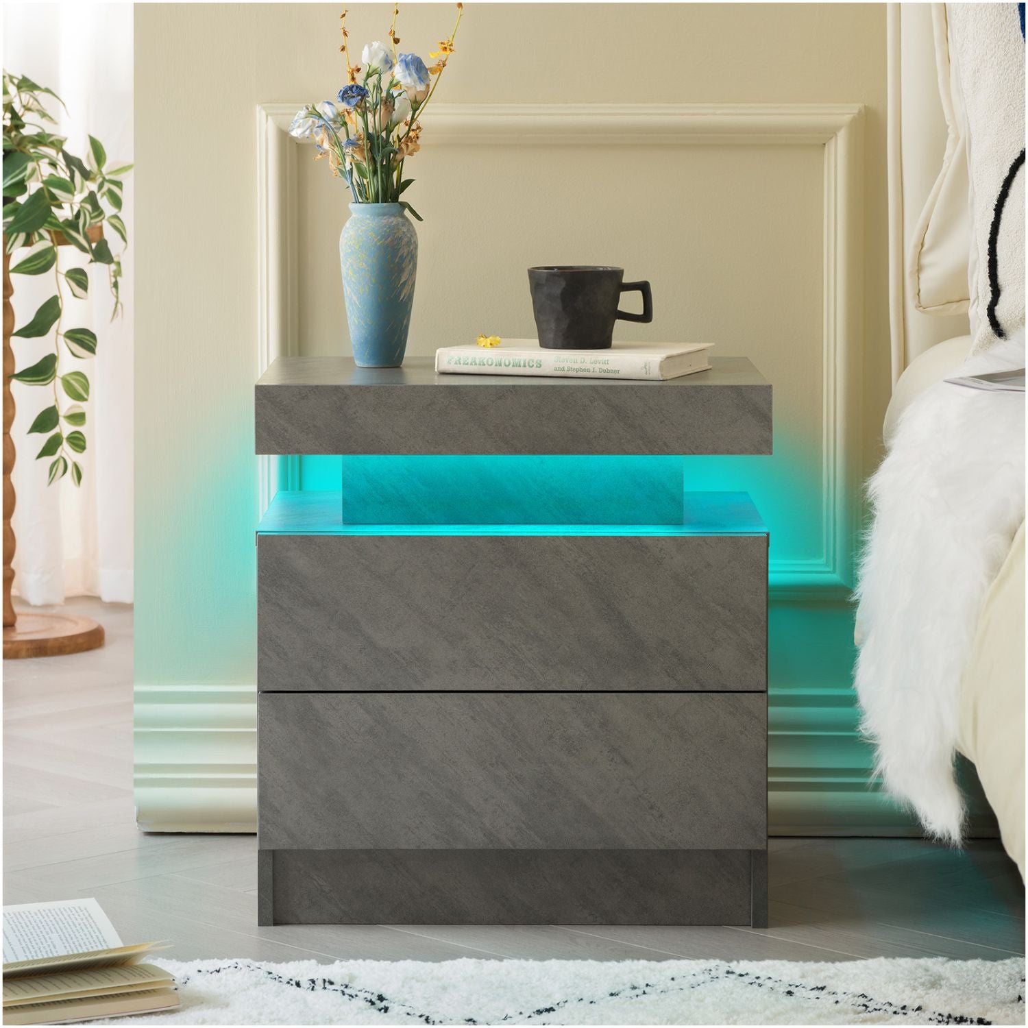 Deep Grey Modern LED Nightstand with 2 Drawers