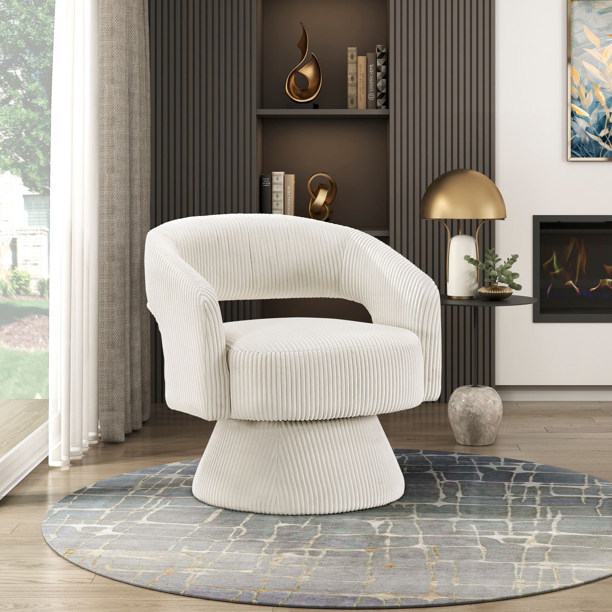 Modern Beige Corduroy Swivel Accent Chair