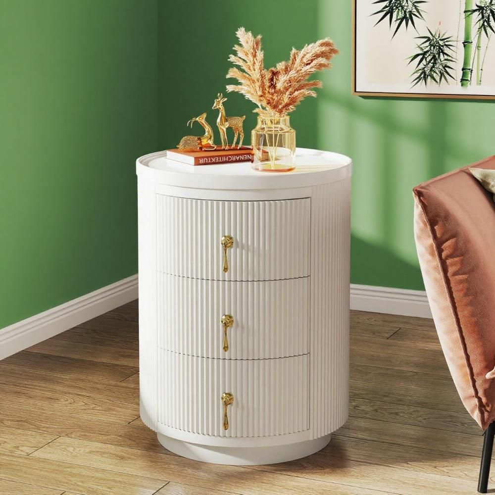 White Modern Round Nightstand with 3 Drawers & Gold Accents