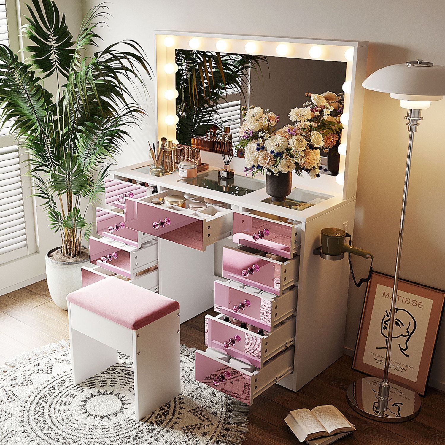 Pink Glass Top Makeup Vanity Desk with 15 Hollywood Bulbs | 11 Drawers & Cushioned Storage Stool