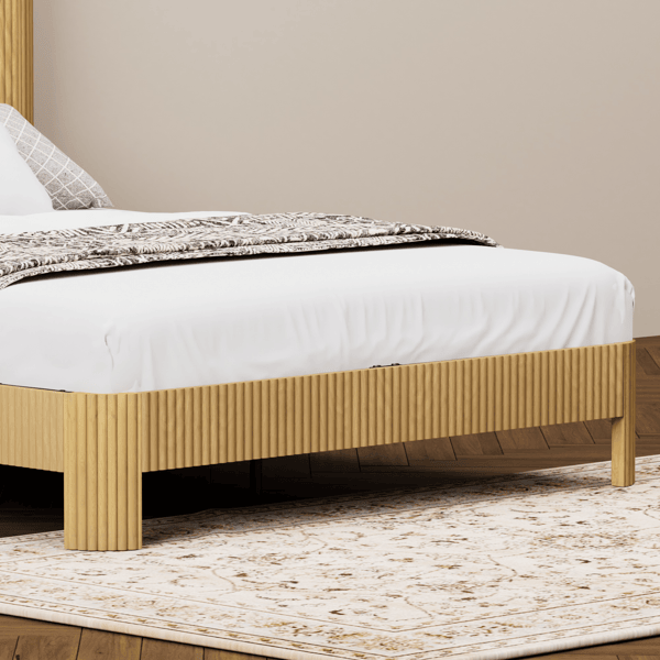 Queen Size Natural Finish Bed Frame with Storage Headboard & Built-In Charging Station