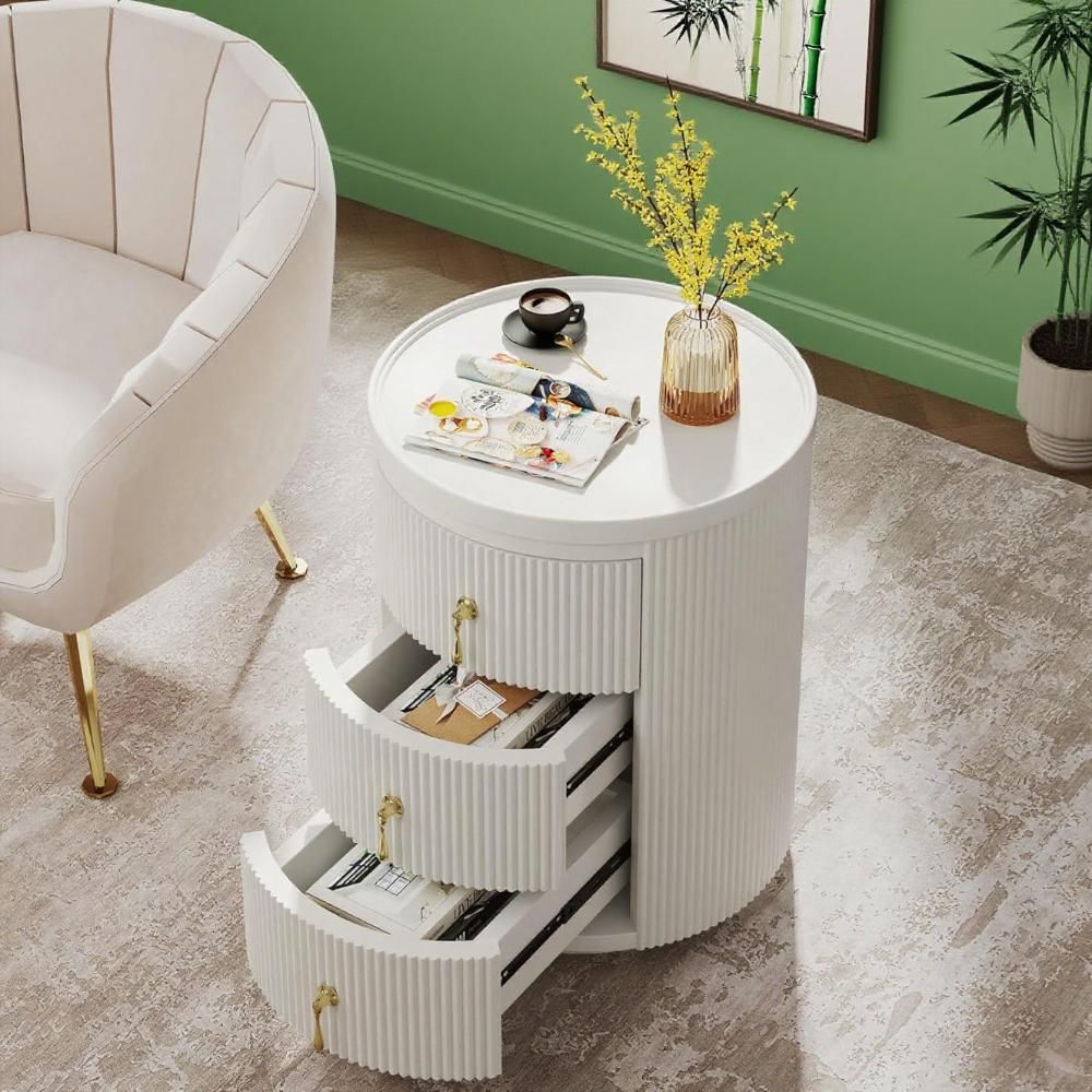 White Modern Round Nightstand with 3 Drawers & Gold Accents