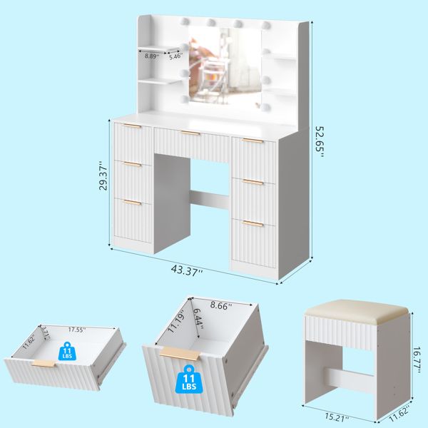 White Modern Vanity Dressing Table Set with Lights 7 Drawers & Shelving