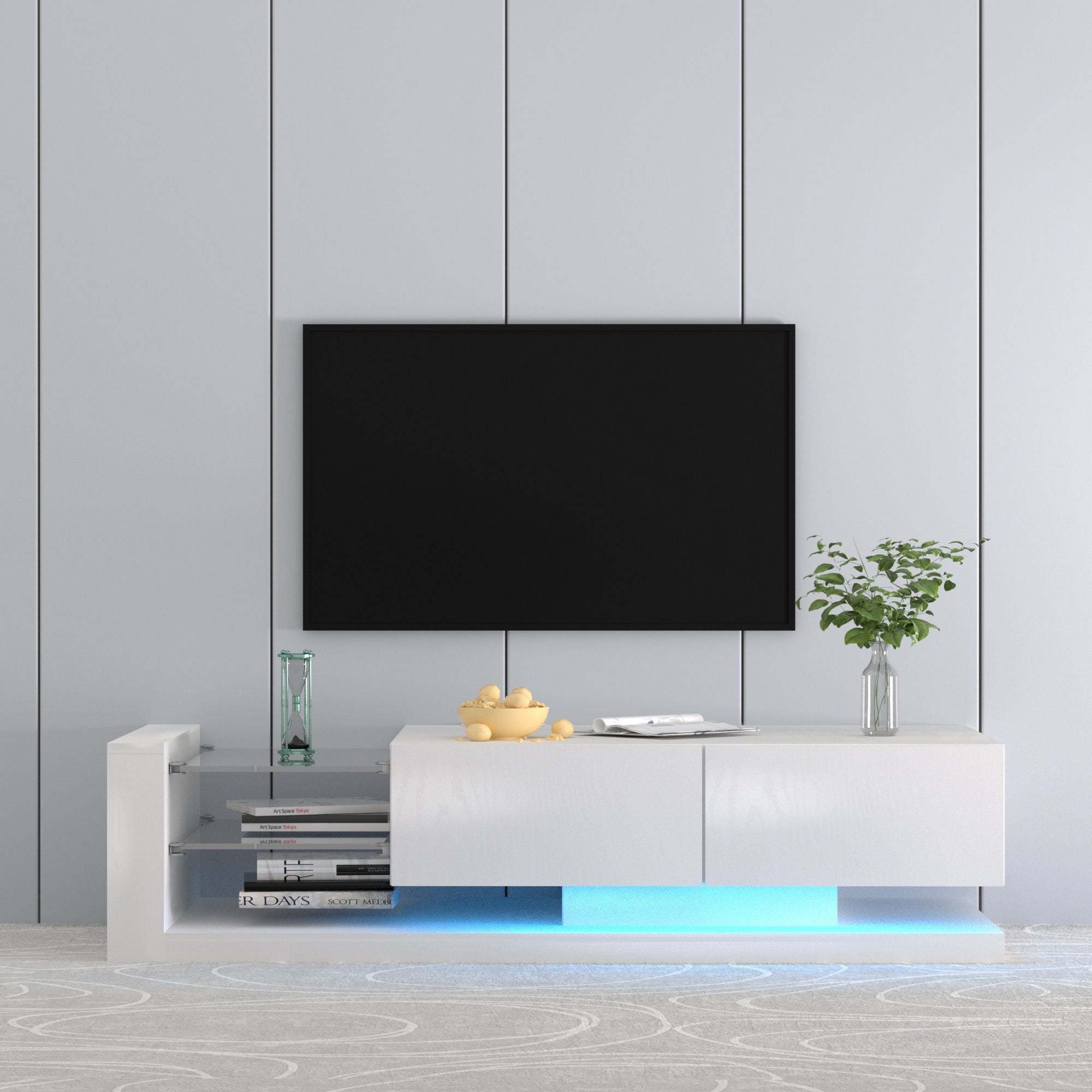 Modern White TV Console with Storage & Full RGB LED Lighting | Fits 75