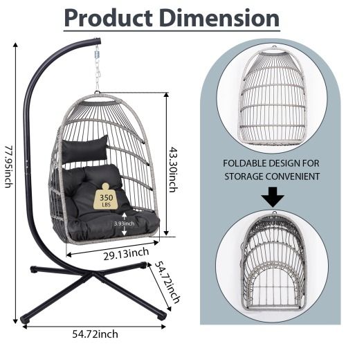 Indoor & Outdoor Hanging Egg Chair with Stand | Rattan Wicker Swing Chair with Cushions
