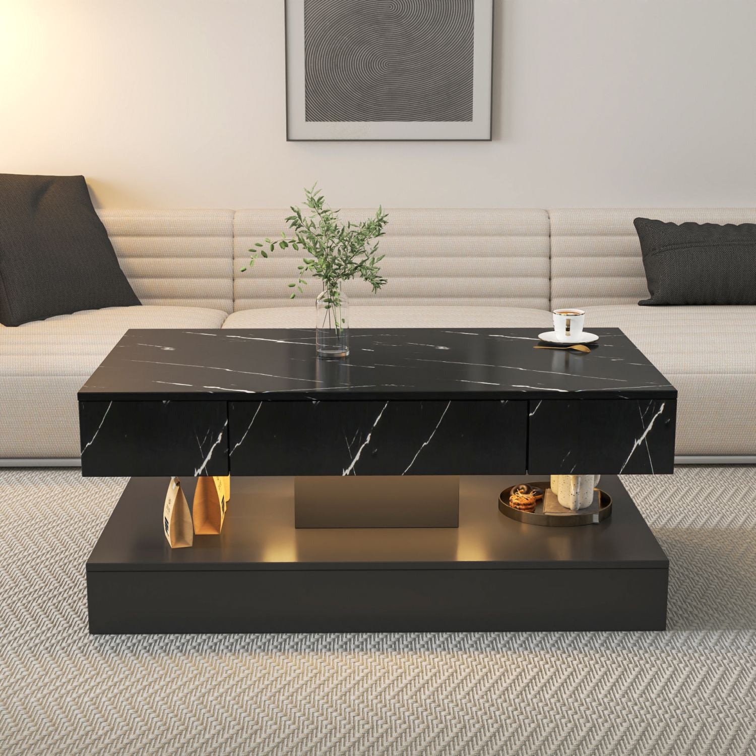 Modern LED Coffee Table with Storage Drawer & Remote Control RGB Lighting