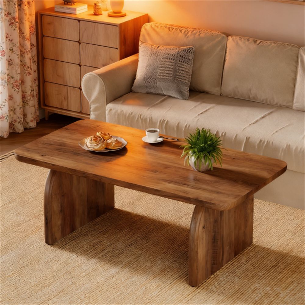 Central Low Coffee Table with Thick Tabletop & Sturdy Base, Farmhouse Cocktail Table