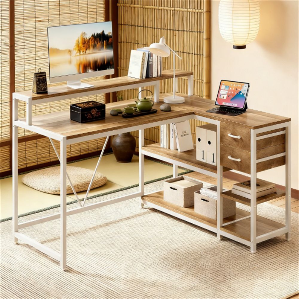 L Shaped Corner Desk with Storage Drawers & Monitor Riser | Space-Saving Computer & Study Desk
