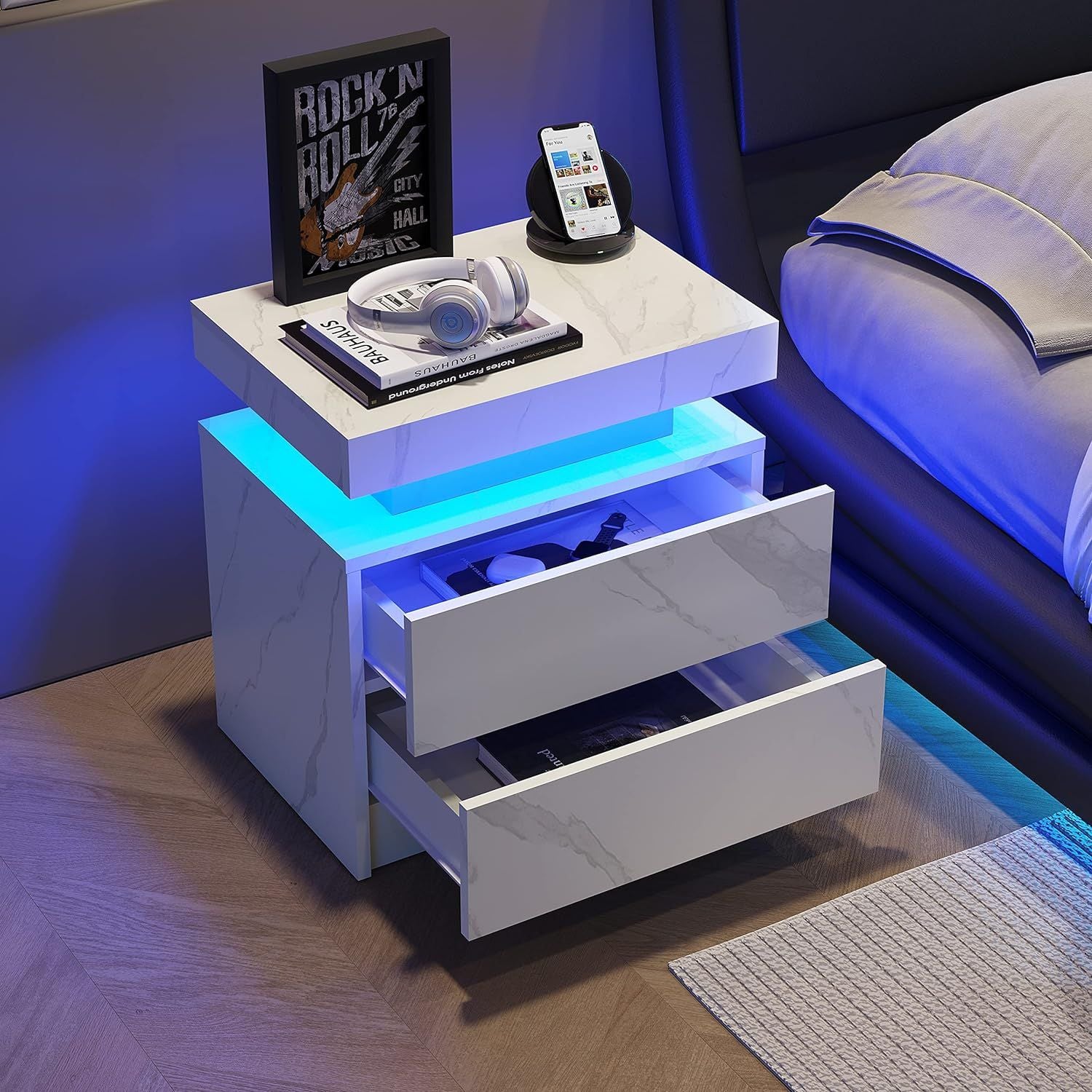 LED Nightstand with 2 Drawers & Adjustable Lighting | Matte White Stone