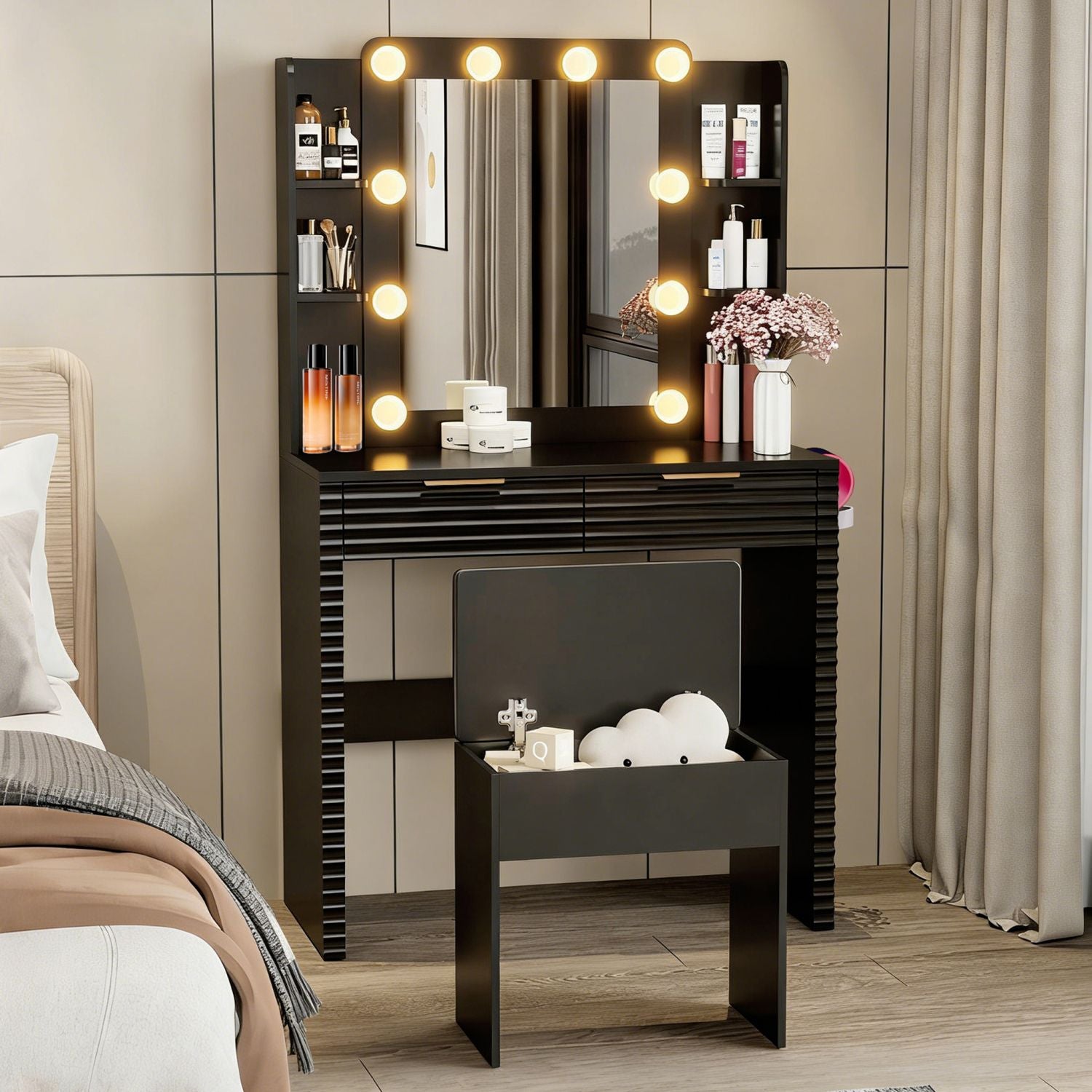 Black Modern Fluted Makeup Vanity Desk with Hollywood Lights & Charging Station