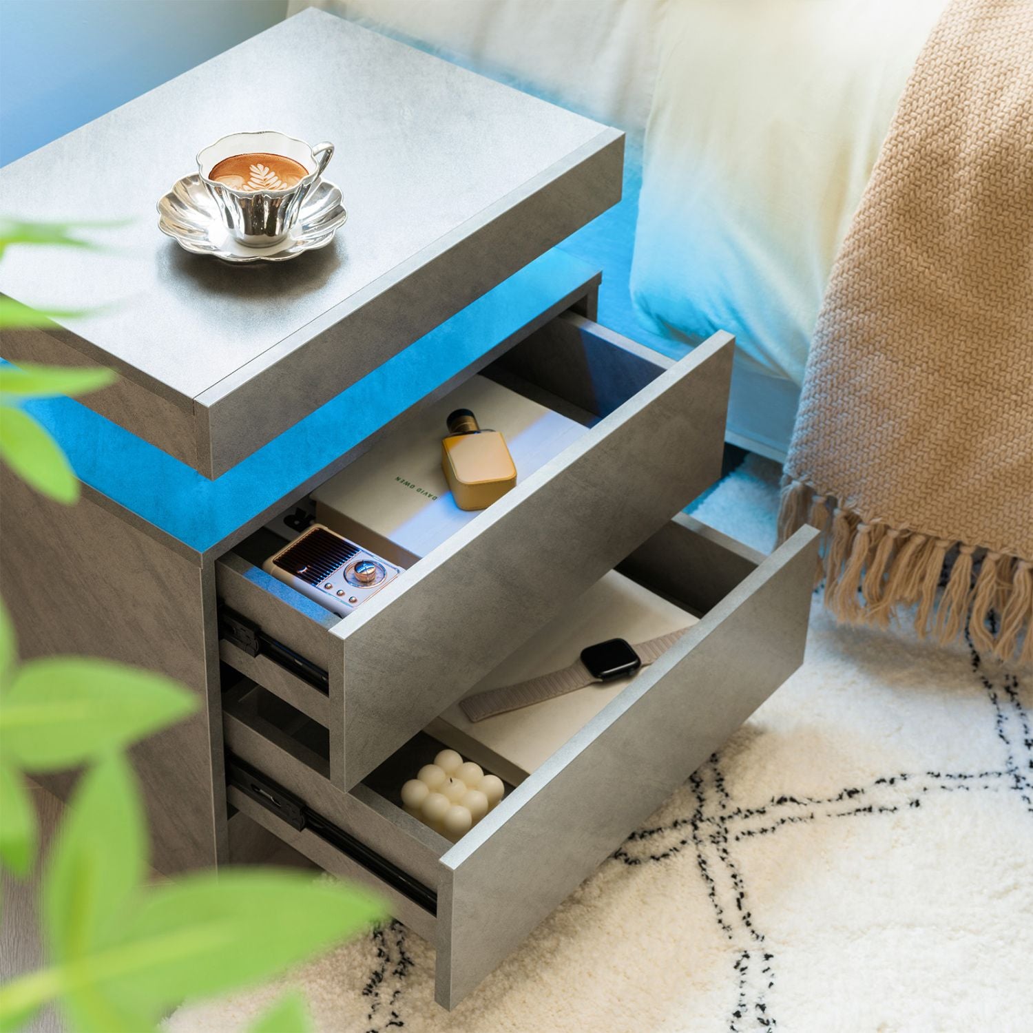 Deep Grey Modern LED Nightstand with 2 Drawers