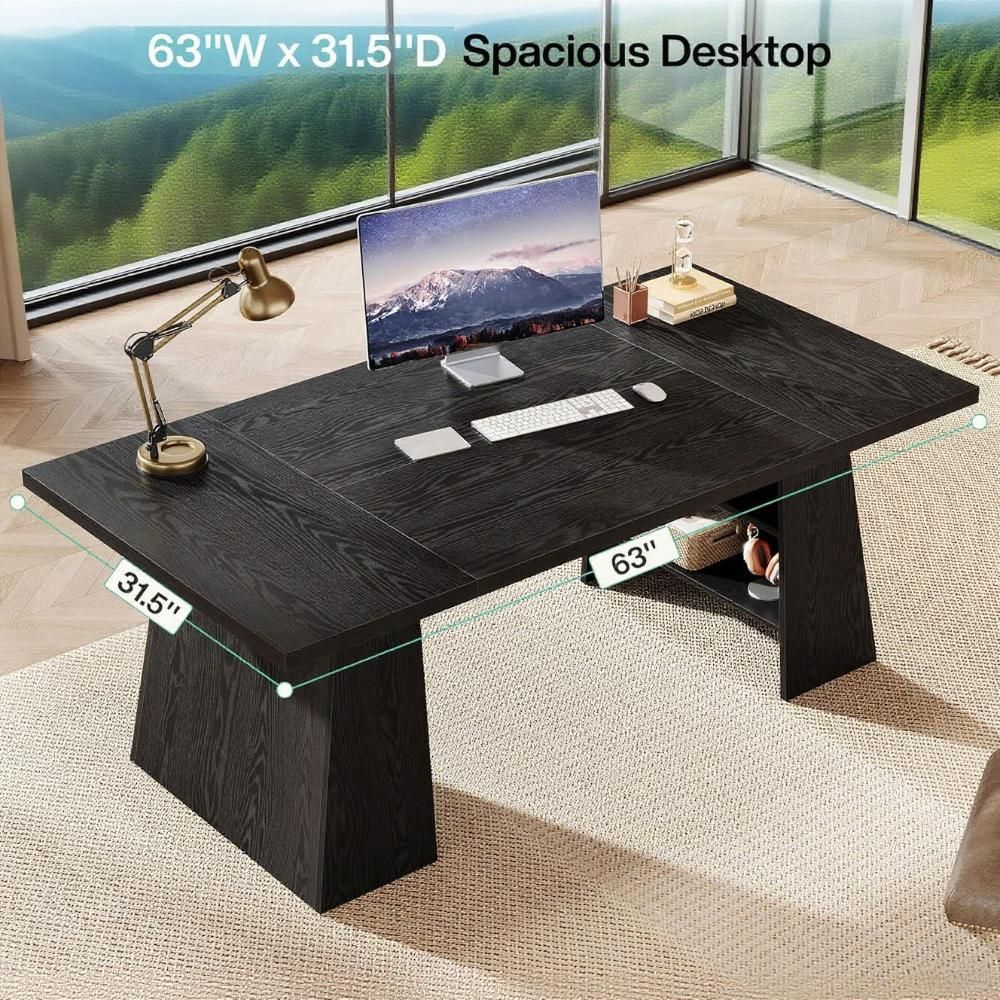 63 Inch Modern Executive Desk with Double Pedestal Storage | Large Office Computer & Writing Desk
