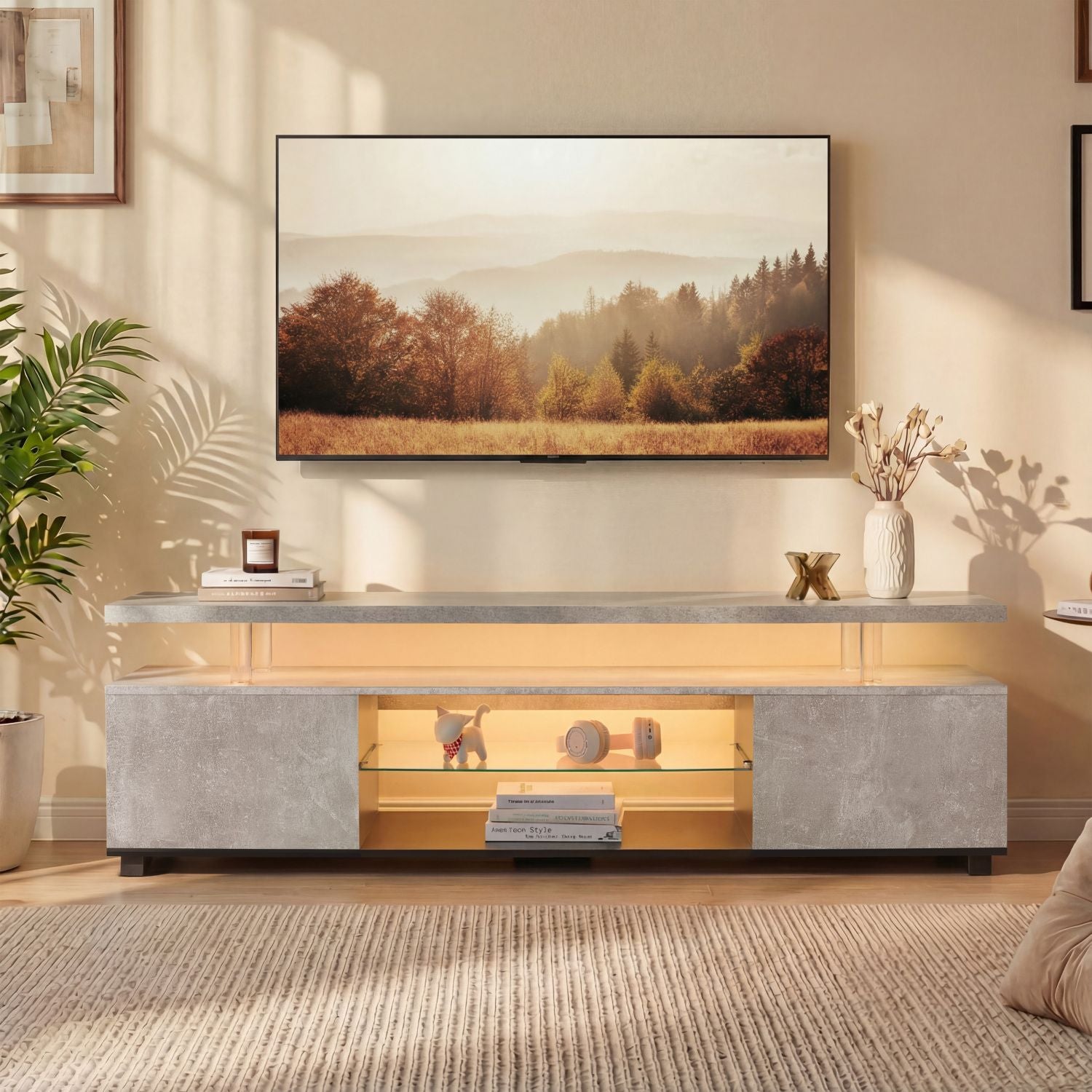 Grey LED Gaming TV Stand | Modern Media Console with Side Cabinet for 55